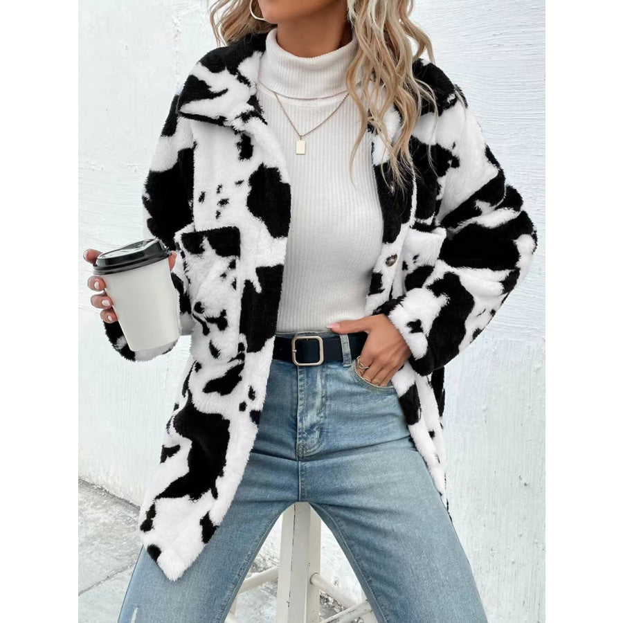 Cow Print Collared Neck Button Up Fuzzy Jacket Apparel and Accessories