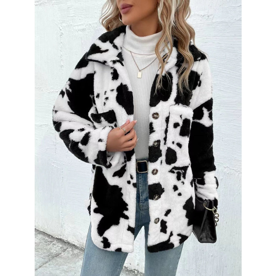 Cow Print Collared Neck Button Up Fuzzy Jacket Apparel and Accessories