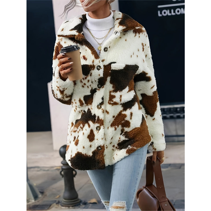 Cow Print Collared Neck Button Up Fuzzy Jacket Apparel and Accessories