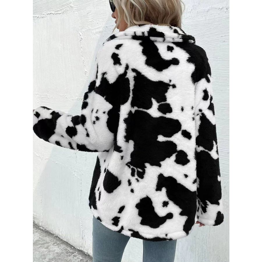 Cow Print Collared Neck Button Up Fuzzy Jacket Apparel and Accessories