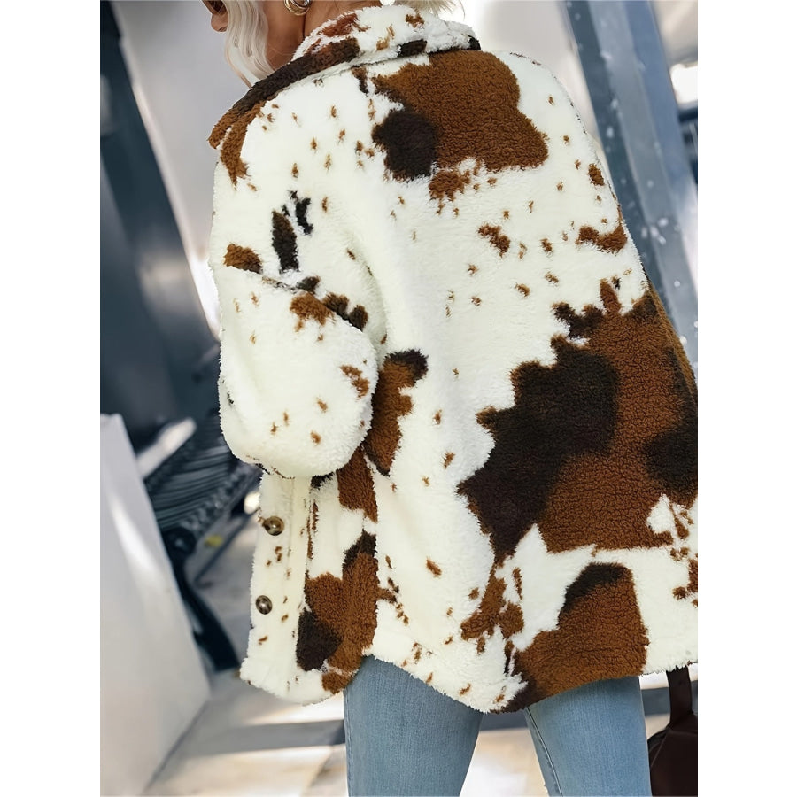 Cow Print Collared Neck Button Up Fuzzy Jacket Apparel and Accessories