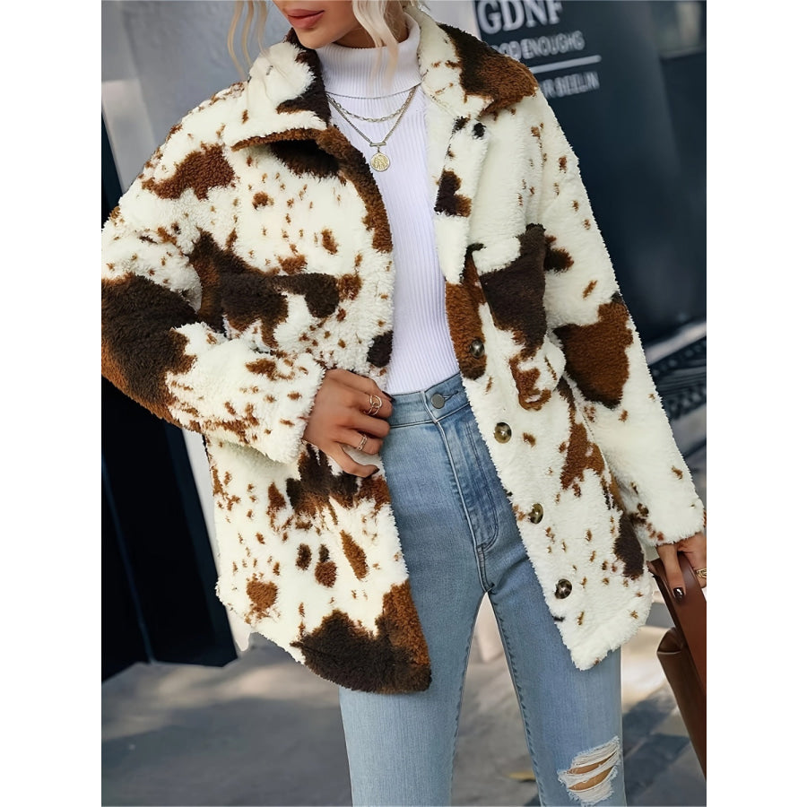 Cow Print Collared Neck Button Up Fuzzy Jacket Ivory / S Apparel and Accessories