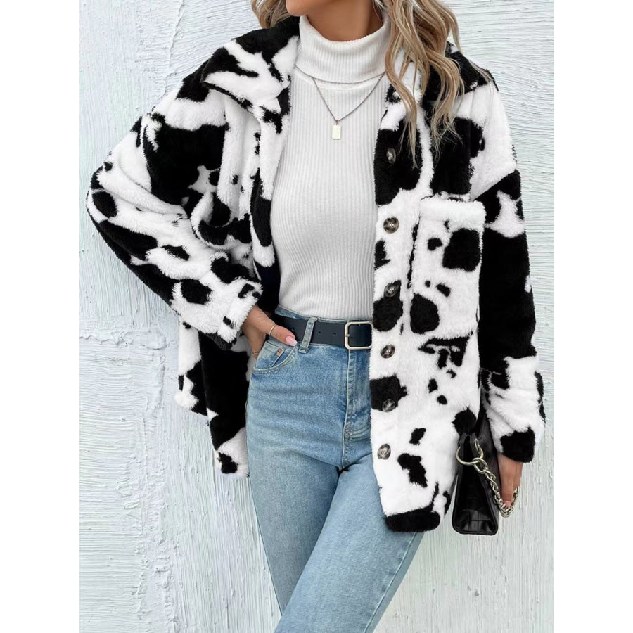 Cow Print Collared Neck Button Up Fuzzy Jacket White / S Apparel and Accessories