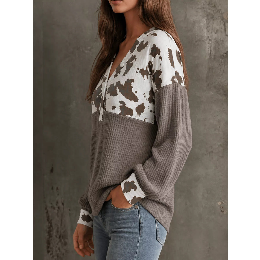 Cow Print Color Block Waffle Knit Blouse Apparel and Accessories
