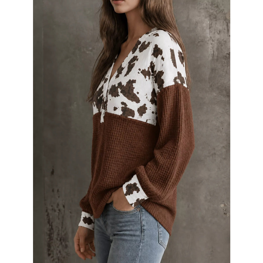 Cow Print Color Block Waffle Knit Blouse Apparel and Accessories