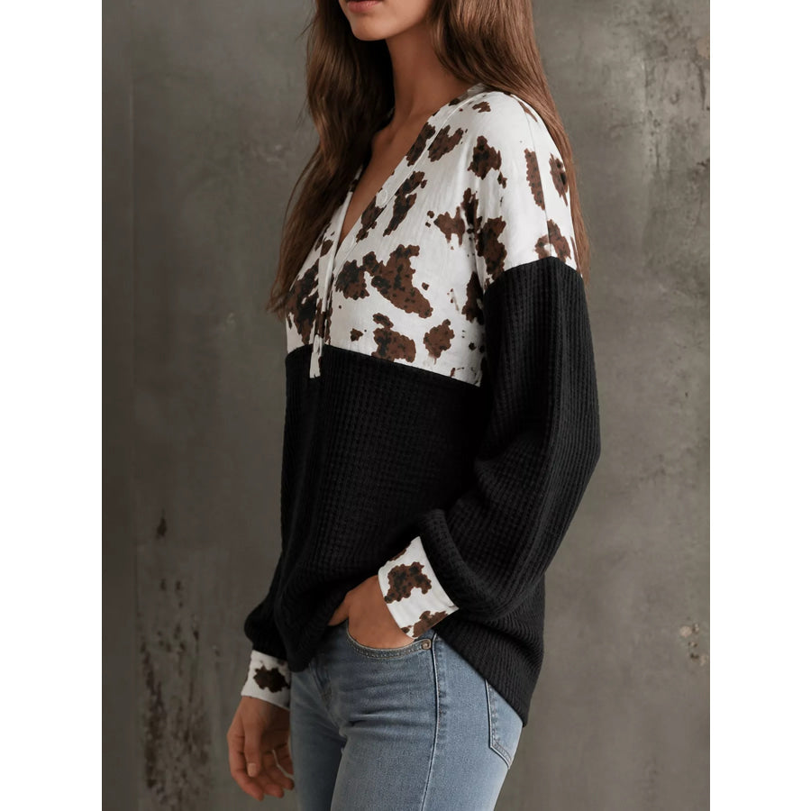 Cow Print Color Block Waffle Knit Blouse Apparel and Accessories