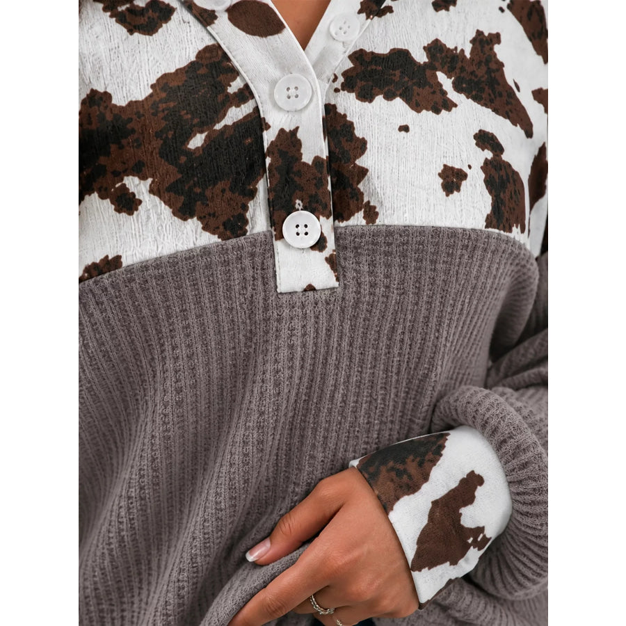Cow Print Color Block Waffle Knit Blouse Apparel and Accessories