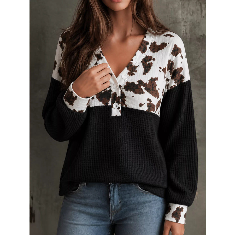Cow Print Color Block Waffle Knit Blouse Apparel and Accessories