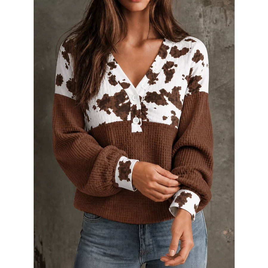Cow Print Color Block Waffle Knit Blouse Apparel and Accessories