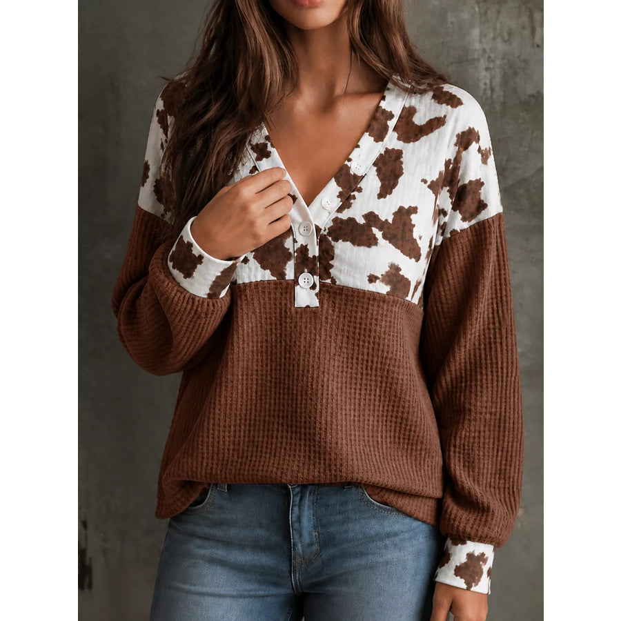Cow Print Color Block Waffle Knit Blouse Apparel and Accessories
