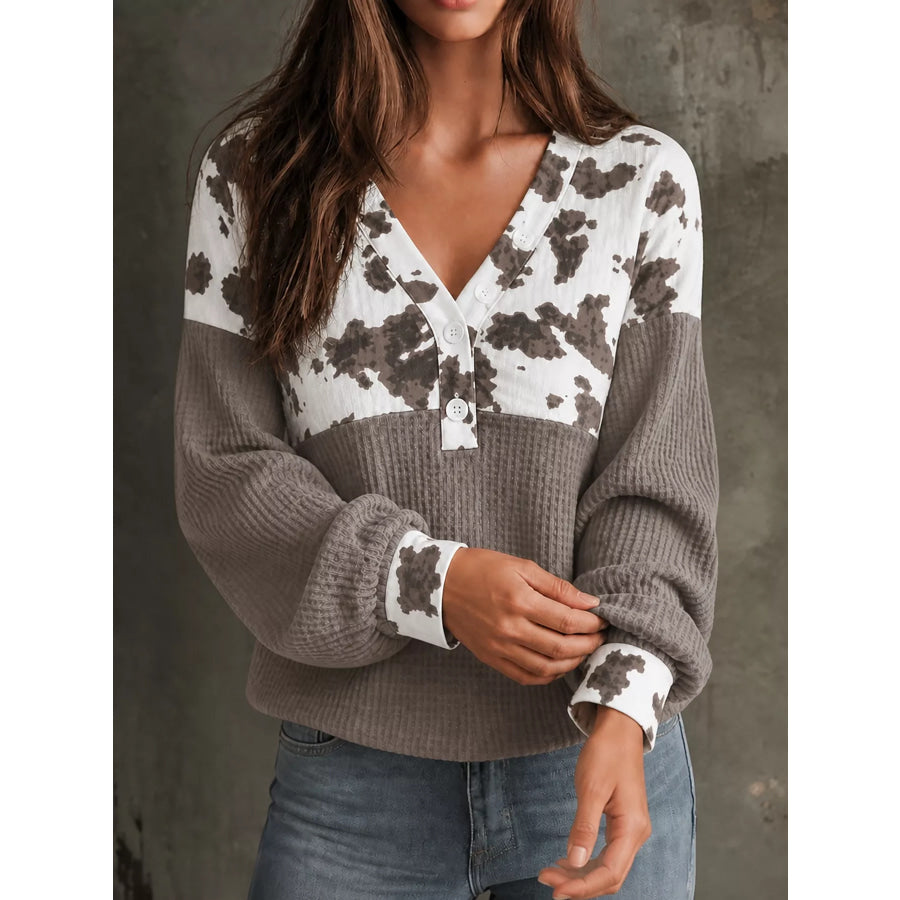 Cow Print Color Block Waffle Knit Blouse Apparel and Accessories