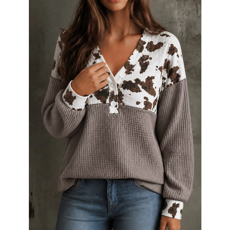 Cow Print Color Block Waffle Knit Blouse Apparel and Accessories