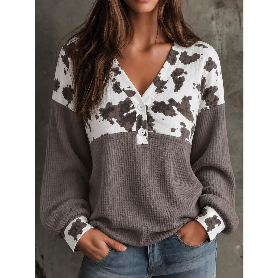 Cow Print Color Block Waffle Knit Blouse Dark Gray / S Apparel and Accessories