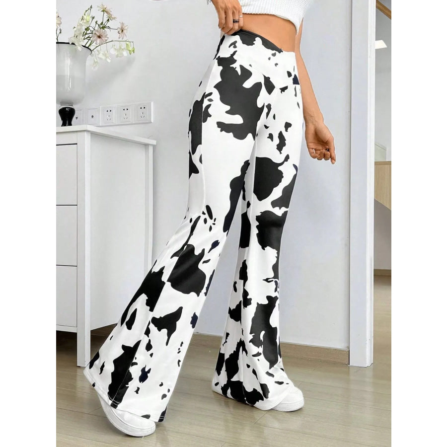 Cow Print Flared Pants Black / S Apparel and Accessories