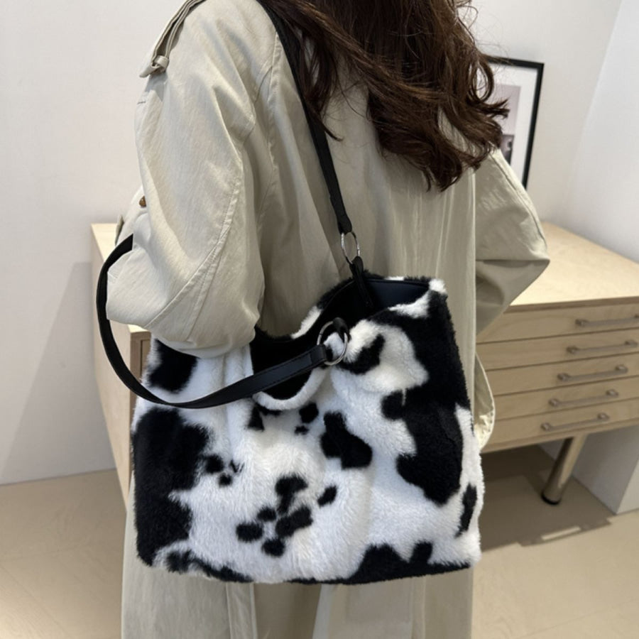 Cow Print Furry Tote Bag Apparel and Accessories