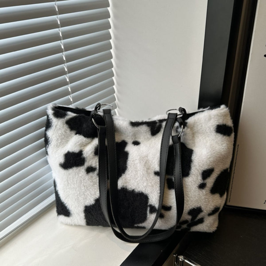 Cow Print Furry Tote Bag Black / One Size Apparel and Accessories