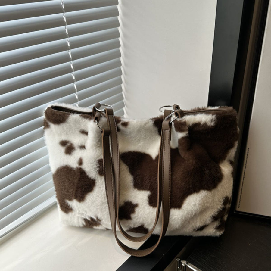 Cow Print Furry Tote Bag Chocolate / One Size Apparel and Accessories