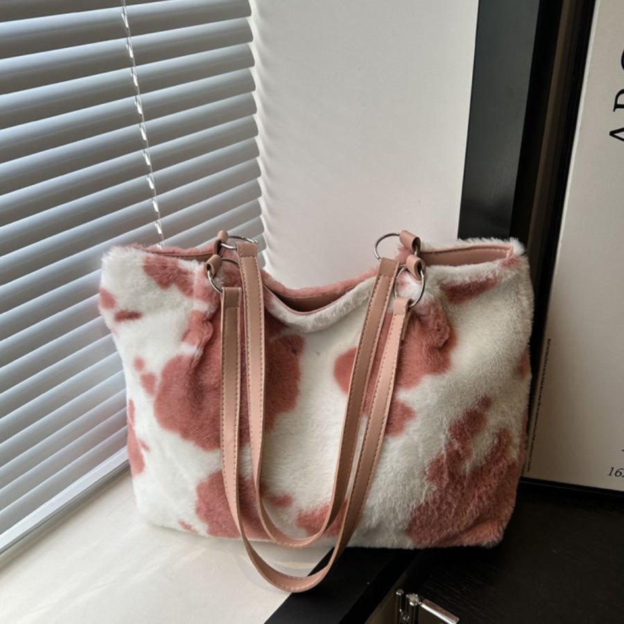 Cow Print Furry Tote Bag Dusty Pink / One Size Apparel and Accessories