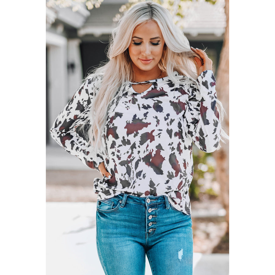 Cow Print Keyhole Long Sleeve Top White / S Apparel and Accessories