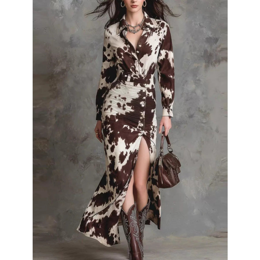 Cow Print Ruched Slit Shirt Maxi Dress Giraffe Print / S Apparel and Accessories