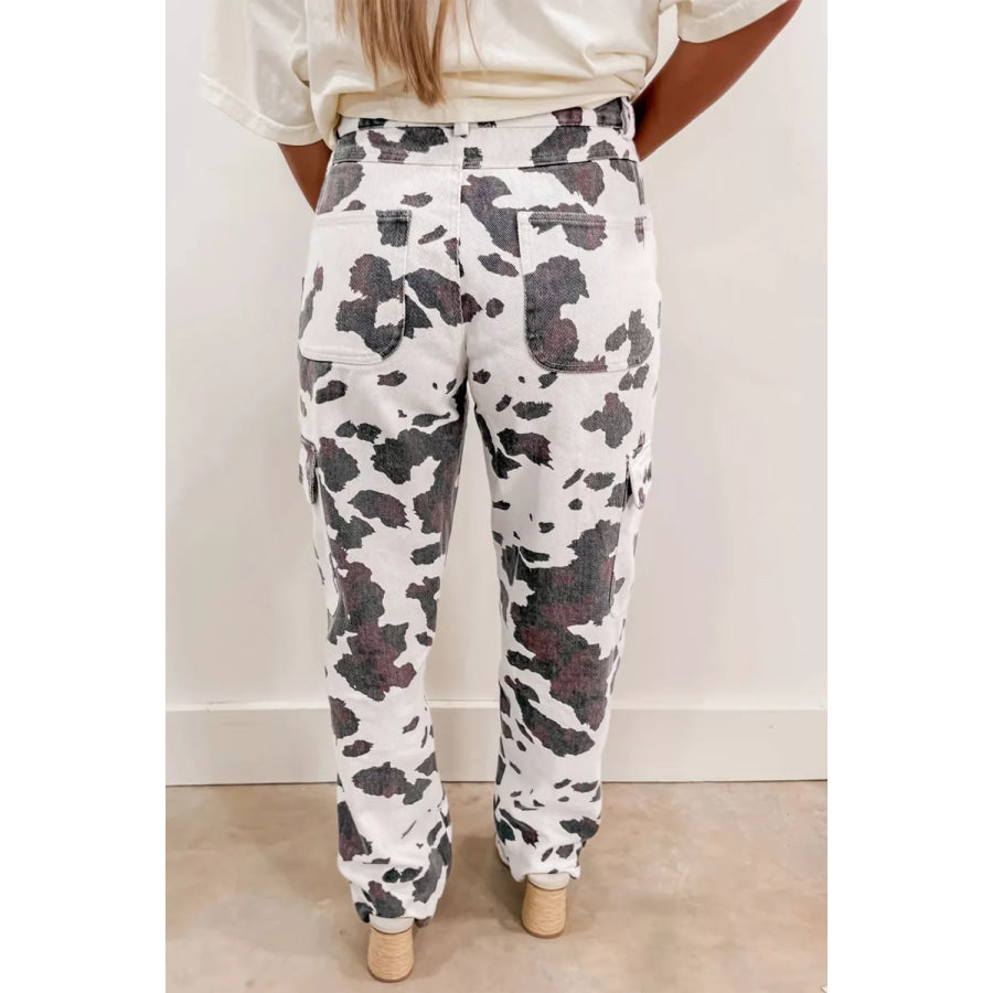Cow Spots Printed Multi Pocketed Jeans Dark Gray / 4 Apparel and Accessories