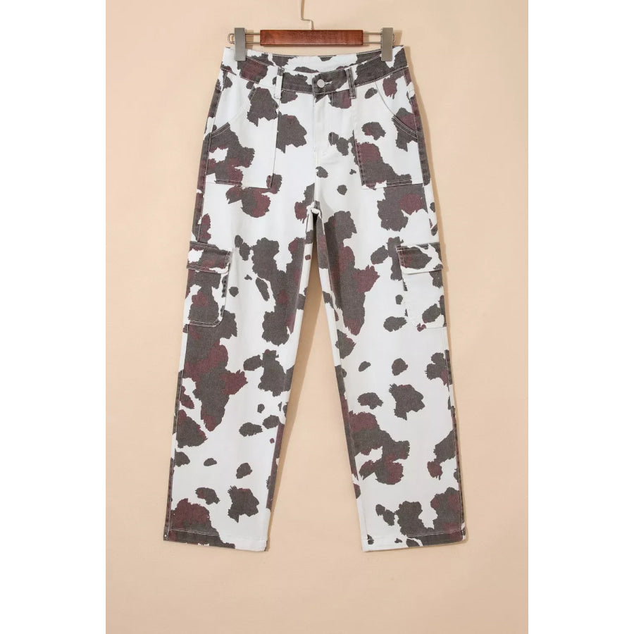 Cow Spots Printed Multi Pocketed Jeans Apparel and Accessories