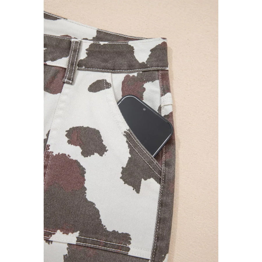 Cow Spots Printed Multi Pocketed Jeans Apparel and Accessories