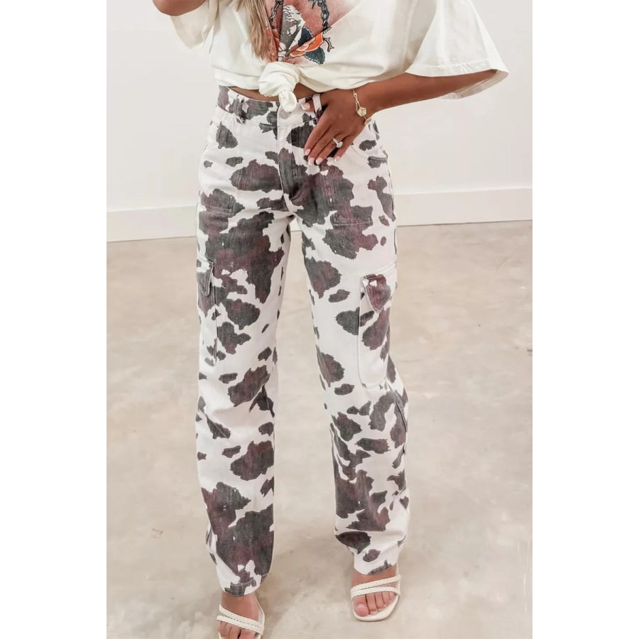 Cow Spots Printed Multi Pocketed Jeans Dark Gray / 4 Apparel and Accessories