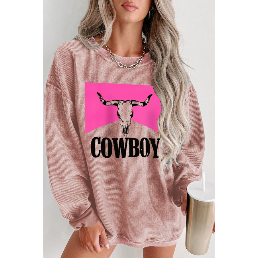 COWBOY Graphic Round Neck Sweatshirt Dusty Pink / S Apparel and Accessories