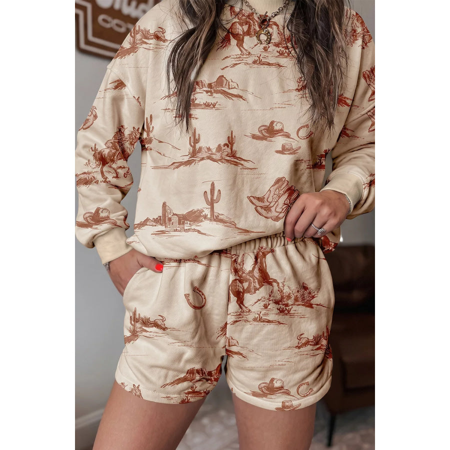 Cowboy Print Long Sleeve Sweatshirt and Shorts Set Apparel and Accessories