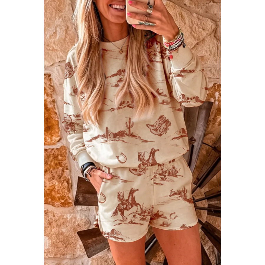 Cowboy Print Long Sleeve Sweatshirt and Shorts Set Beige / S Apparel and Accessories
