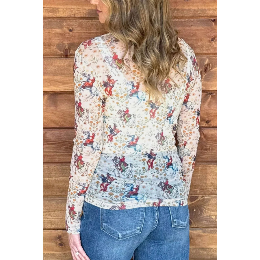 Cowboy Print Mesh Long Sleeve Top Apparel and Accessories