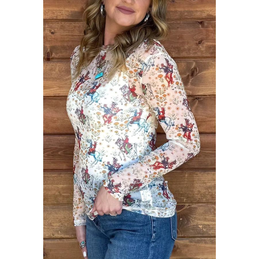 Cowboy Print Mesh Long Sleeve Top Beige / S Apparel and Accessories