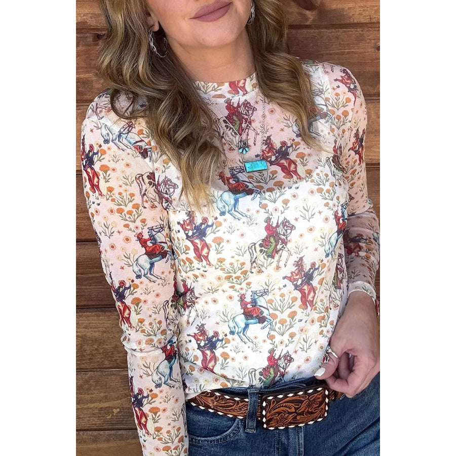 Cowboy Print Mesh Long Sleeve Top Beige / S Apparel and Accessories