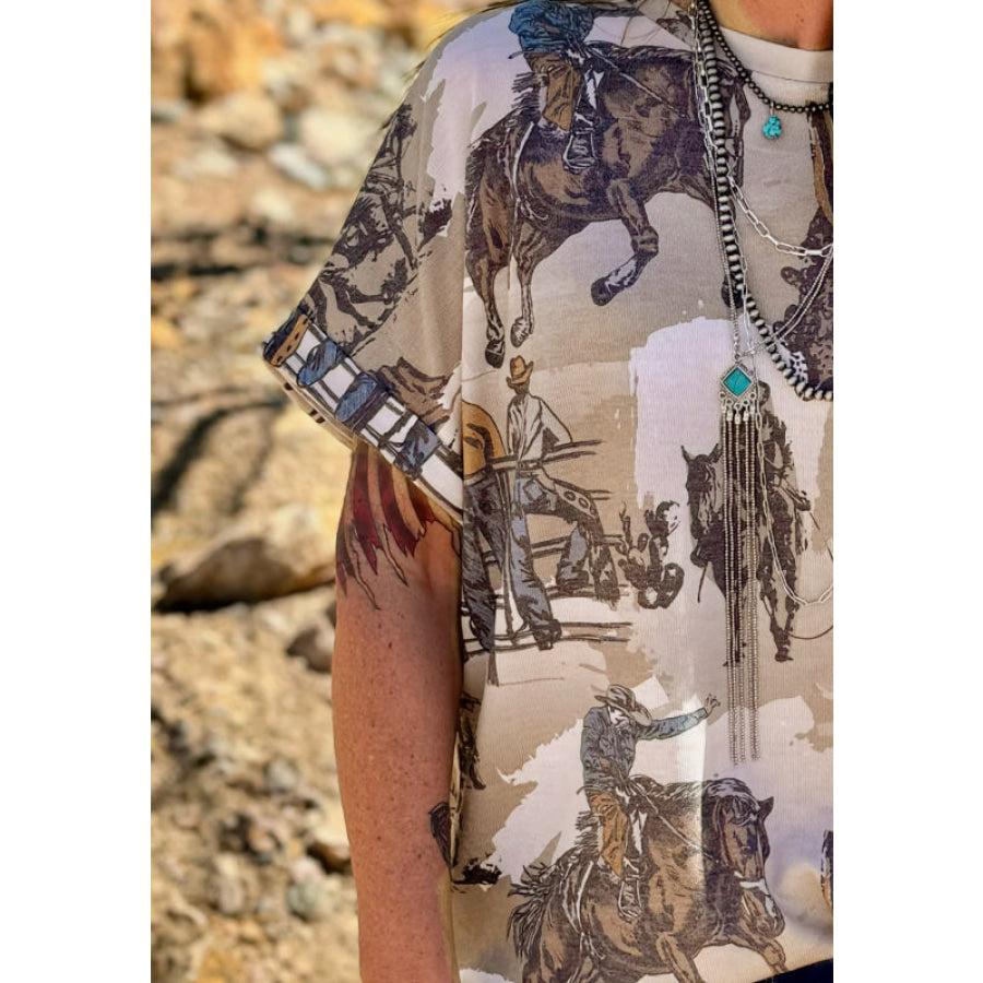 Cowboy Print Round Neck Short Sleeve T Shirt Apparel and Accessories