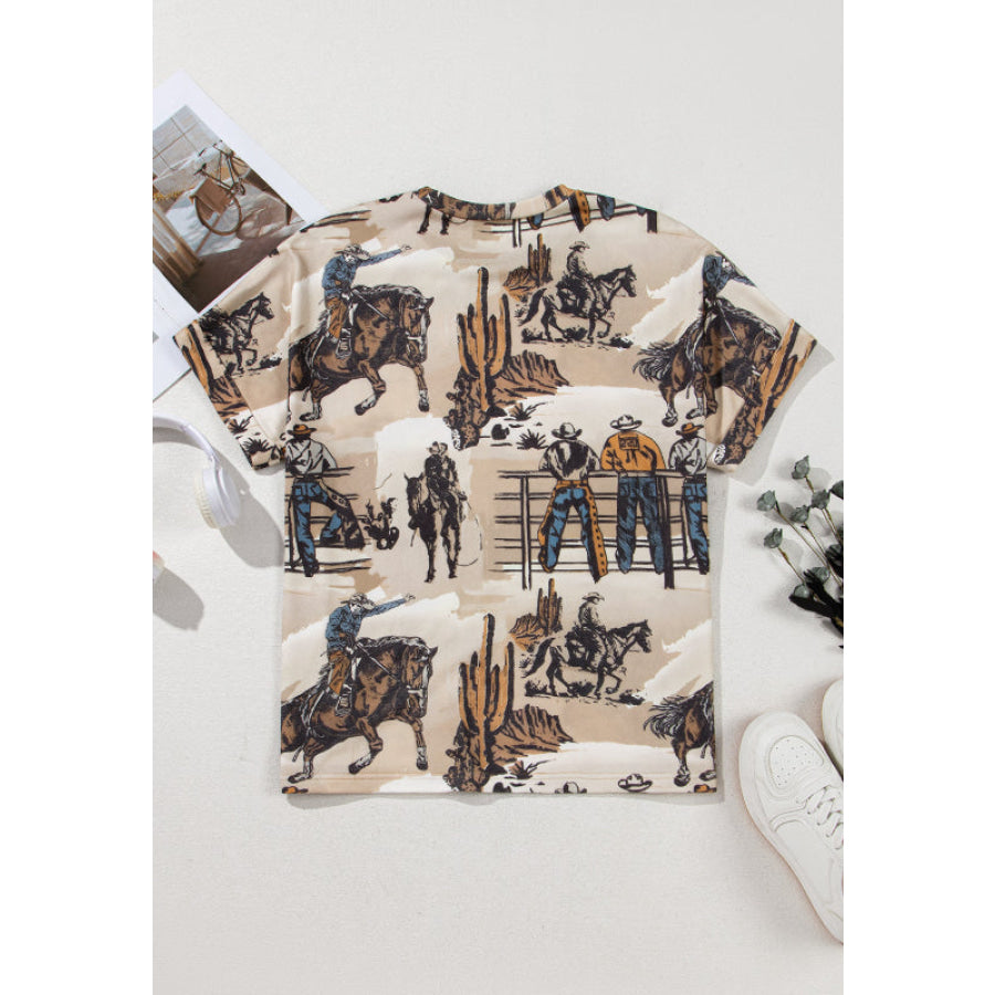 Cowboy Print Round Neck Short Sleeve T Shirt Apparel and Accessories