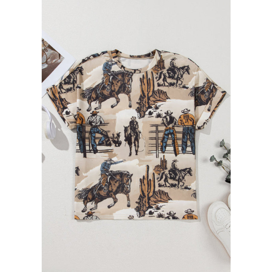 Cowboy Print Round Neck Short Sleeve T Shirt Apparel and Accessories