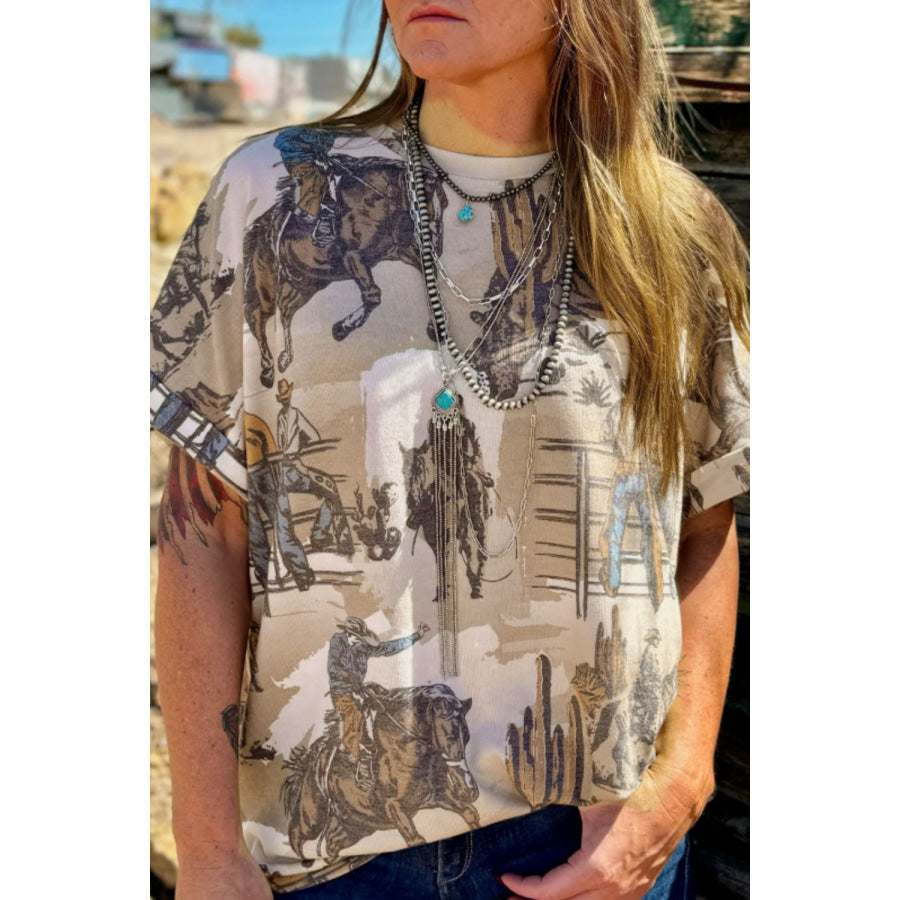 Cowboy Print Round Neck Short Sleeve T Shirt Khaki / S Apparel and Accessories