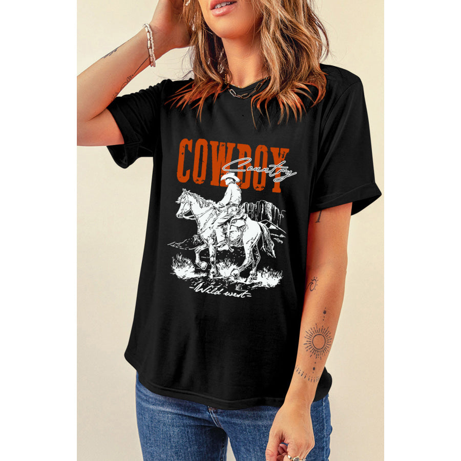 COWBOY Round Neck Short Sleeve T-Shirt Black / S Apparel and Accessories