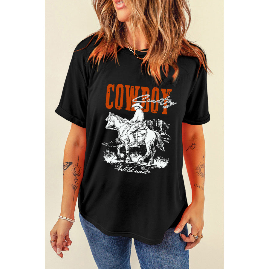 COWBOY Round Neck Short Sleeve T-Shirt Black / S Apparel and Accessories