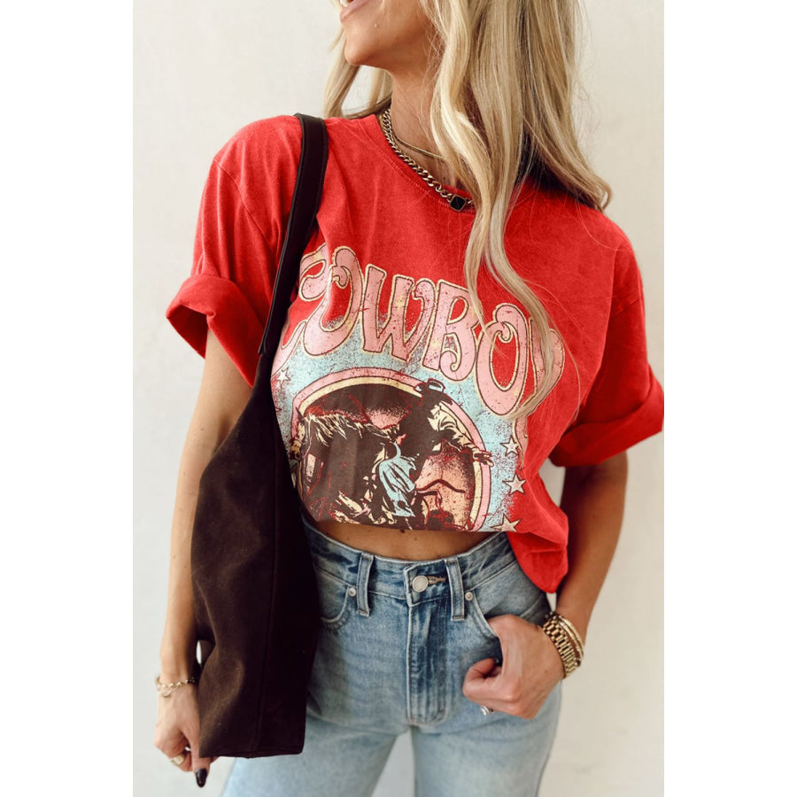 COWBOY Round Neck Short Sleeve T-Shirt Red / S Apparel and Accessories