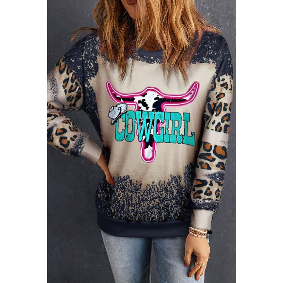 COWGIRL Leopard Round Neck Sweatshirt Black / S Clothing