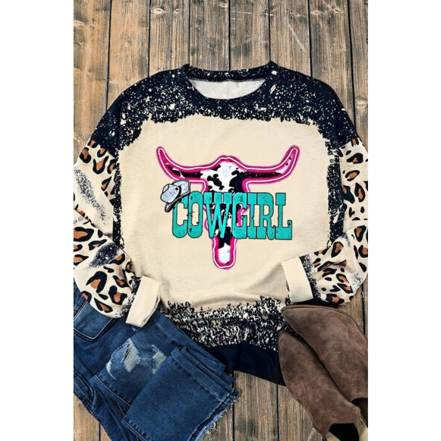 COWGIRL Leopard Round Neck Sweatshirt Clothing