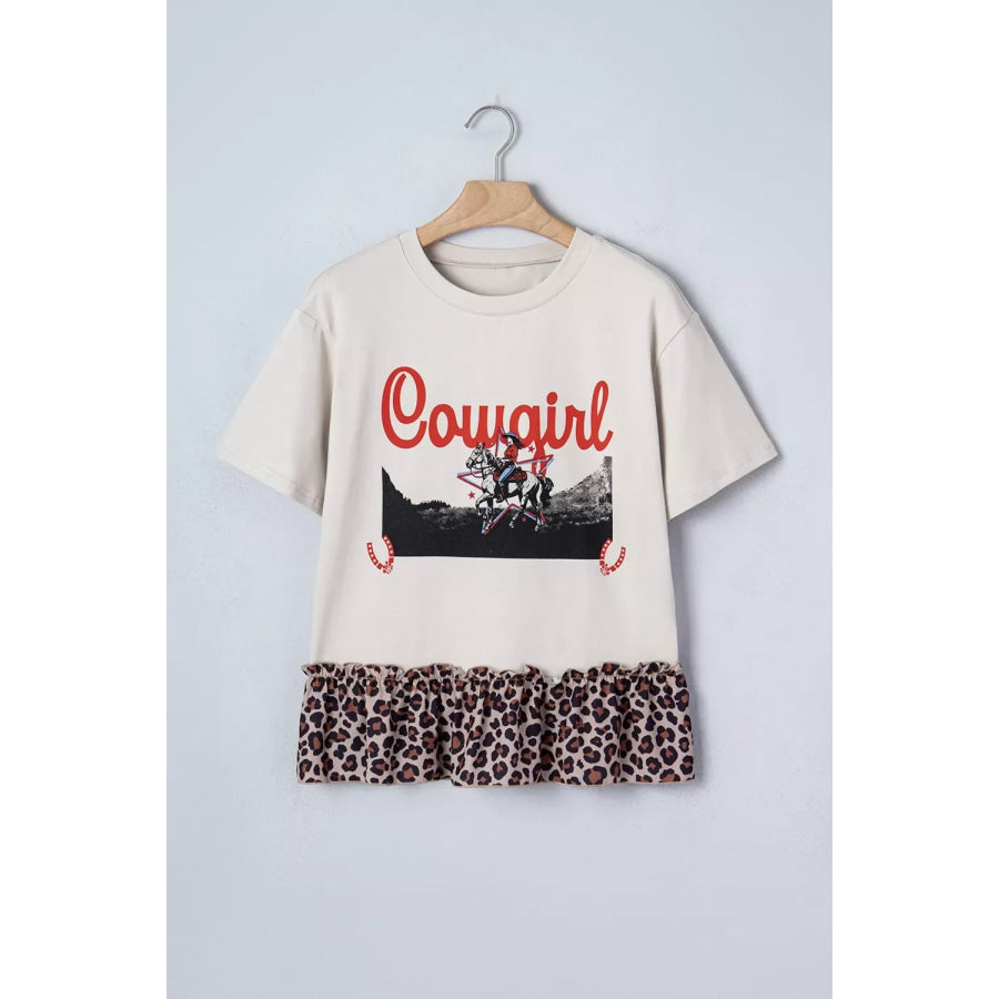 COWGIRL Print Leopard Ruffle Hem Patchwork T Shirt Apparel and Accessories