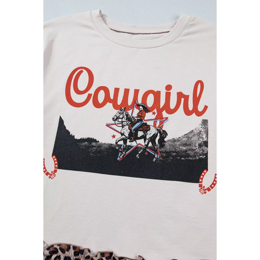 COWGIRL Print Leopard Ruffle Hem Patchwork T Shirt Apparel and Accessories