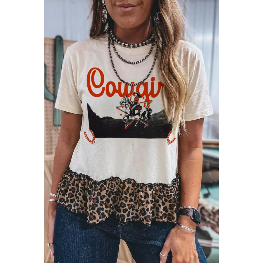 COWGIRL Print Leopard Ruffle Hem Patchwork T Shirt Apparel and Accessories