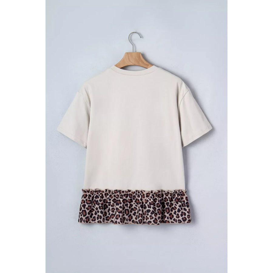 COWGIRL Print Leopard Ruffle Hem Patchwork T Shirt Apparel and Accessories