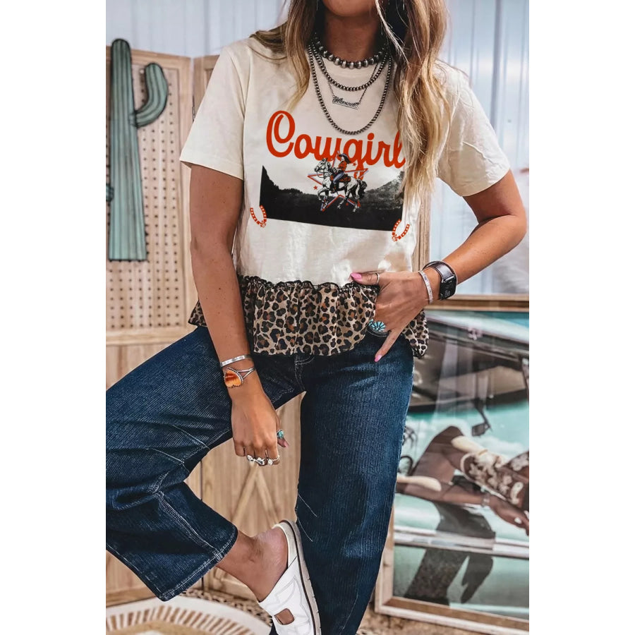 COWGIRL Print Leopard Ruffle Hem Patchwork T Shirt Apparel and Accessories
