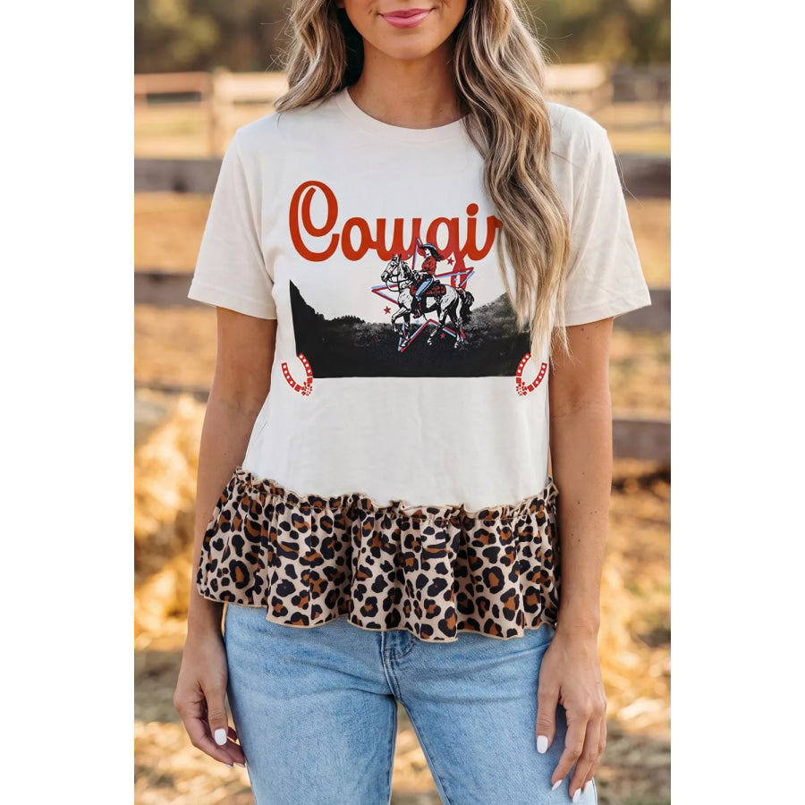 COWGIRL Print Leopard Ruffle Hem Patchwork T Shirt White / S Apparel and Accessories