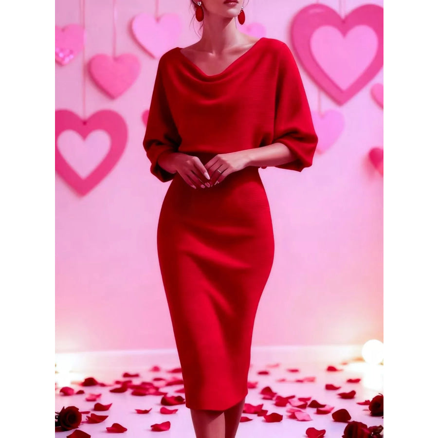 Cowl Neck Bodycon Midi Dress Red / S Apparel and Accessories